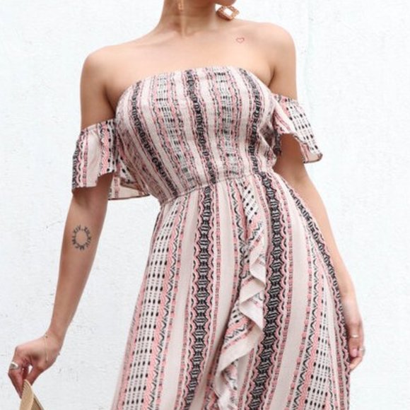 Boho Gypsy Peasant Smocked Off Shoulder Ruffle Maxi Dress Sundress - Picture 6 of 6